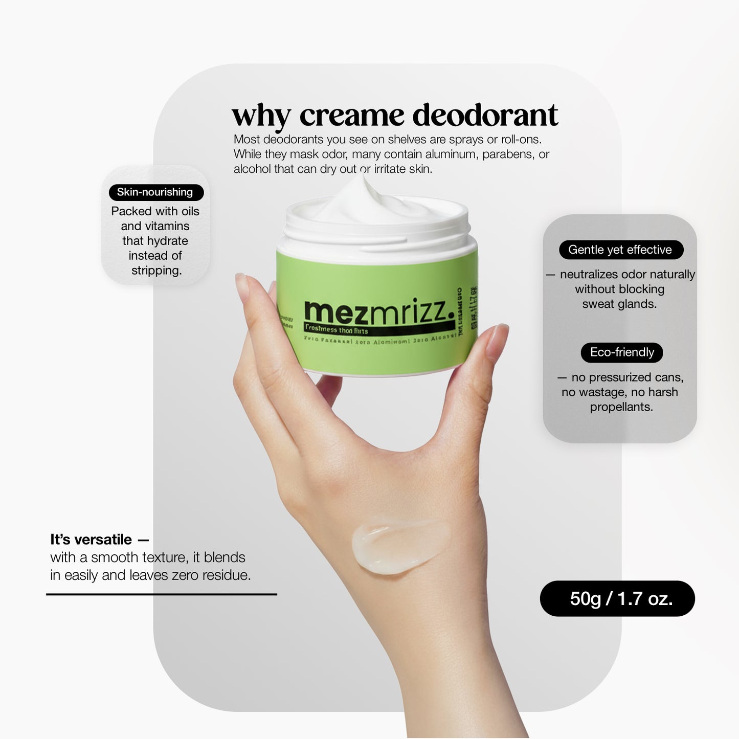 Mezmrizz Unisex Cream Deodorant Suits Sensitive Skin 50g